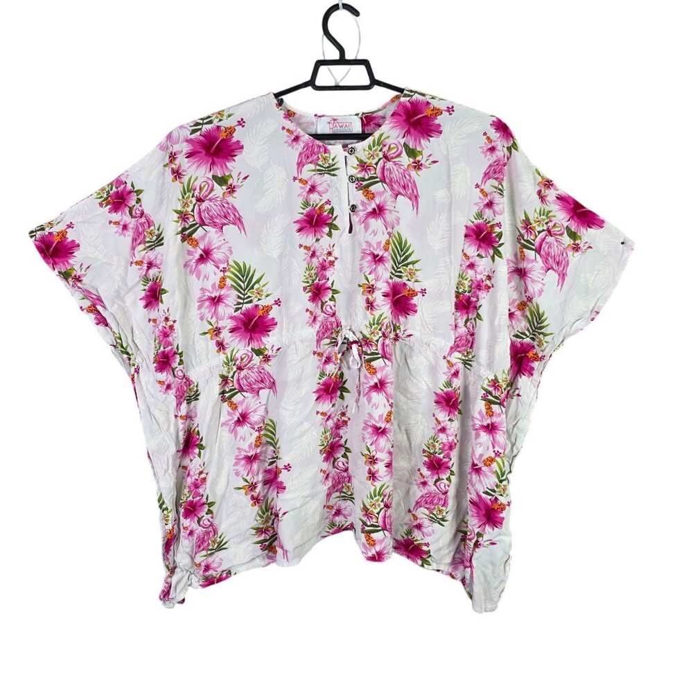 Womens Hawaiian Hangover White & Pink Floral Kimono Style Top Rayon One Size
